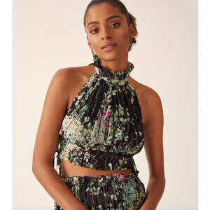 Sabina Musyev Black Printed Tie Halter Cropped Top Size L